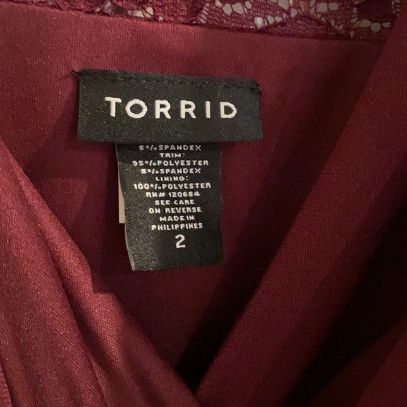 Torrid burgundy shirred lace inset surplice top - Picture 6 of 8